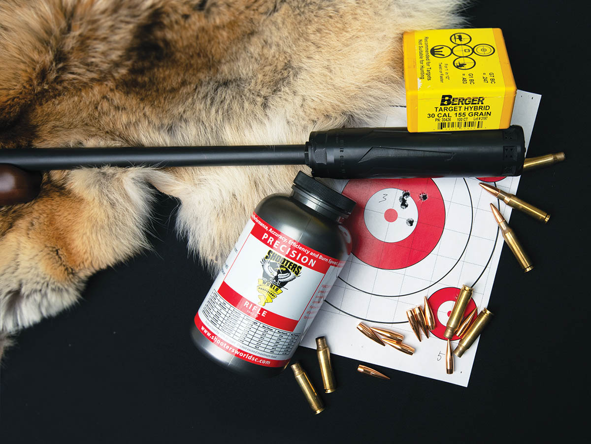 Shooters World Precision Rifle powder produced one of the best groups tested despite the one shot of the group that flew a little low. Excellent temperature stability and consistently low standard deviation and extreme spread make this an excellent powder in the 308 Winchester for those looking to get the most precision out of their rifle. The Dead Air RXD30Ti made shooting the rifle infinitely more pleasant thanks to reduced recoil and muzzle report.